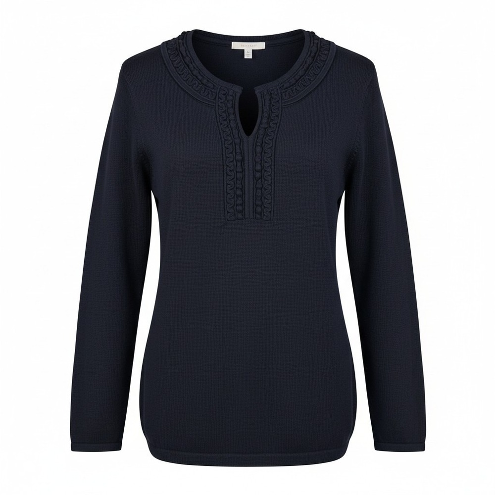 Dana Buchman Soutache Trim Tunic Sweater Notch‎ Neck Knit Pullover Black S